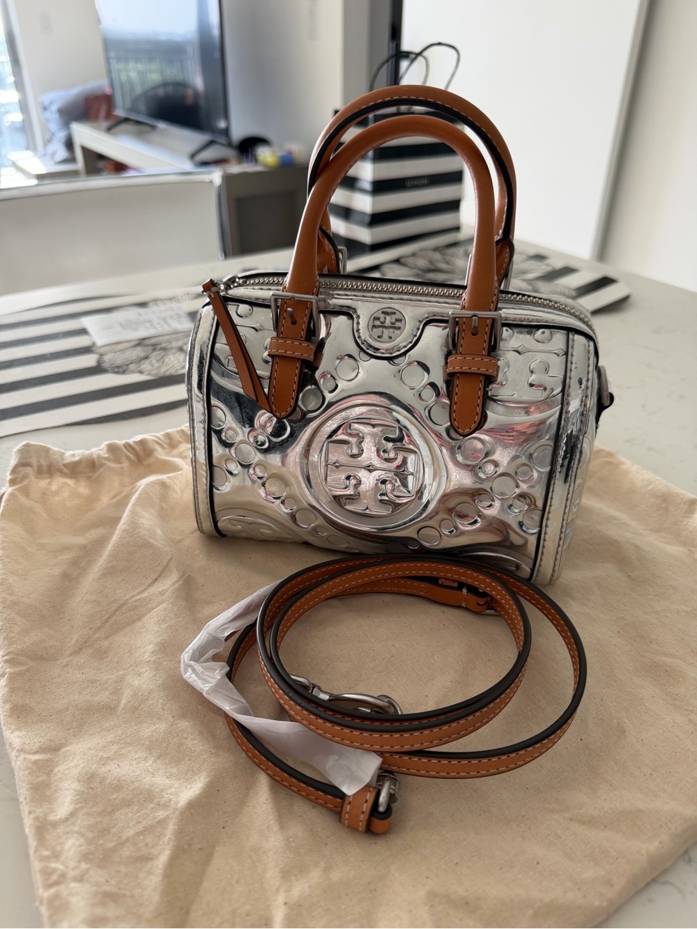Tory Burch Silver Metallic Mini Satchel with Tan Leather Trim